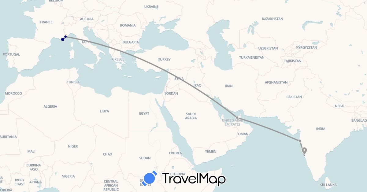 TravelMap itinerary: driving, plane in United Arab Emirates, France, India (Asia, Europe)